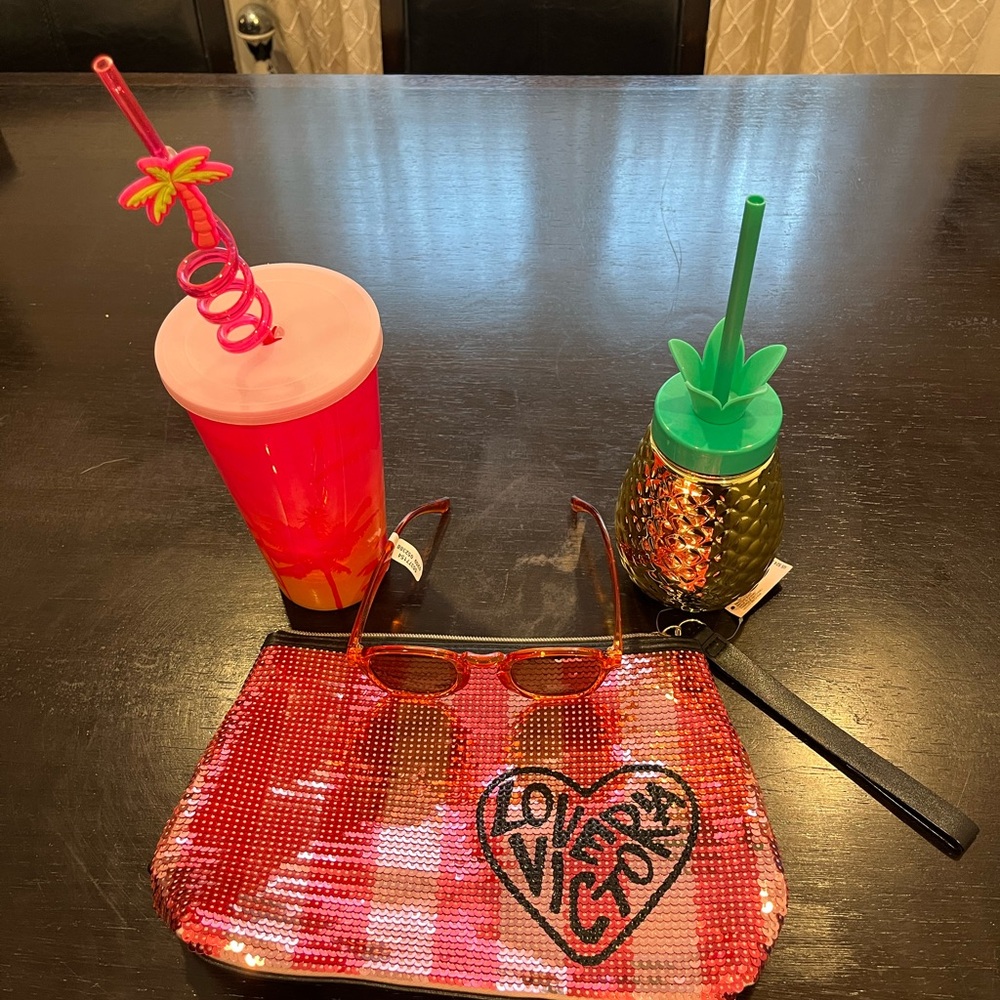 Victoria's Secret Pink and Black Sequin Pouch/Makeup Case Bundle